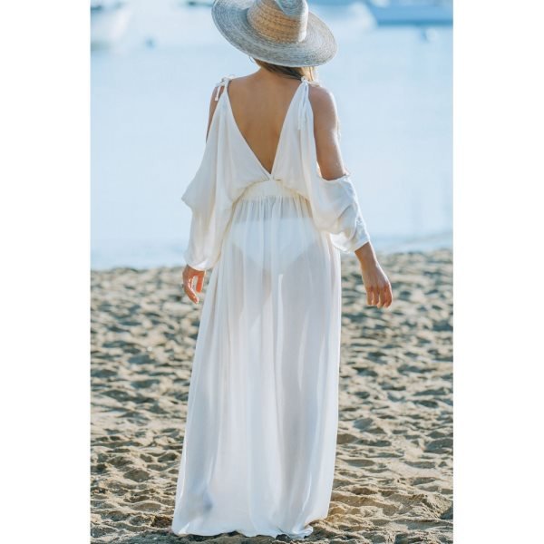 White Cold Shoulder Side Slit Deep V Neck Maxi Dress