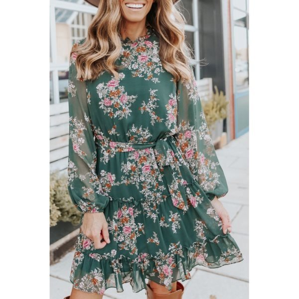 Mock Neck Tie Waist Floral Dress