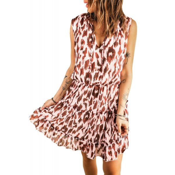 Leopard Print Tiered Ruffled Sleeveless Mini Dress