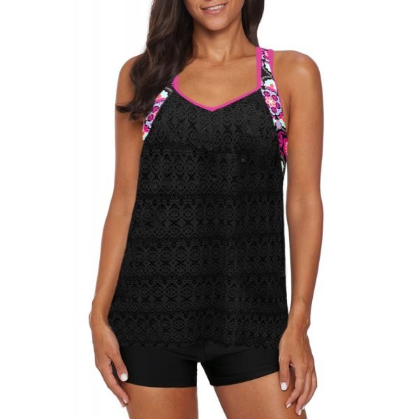 Black Printed Patchwork Vest Tankini Top