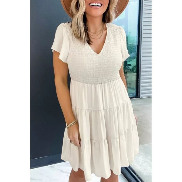 Beige Solid Smocked Short Sleeve V Neck Mini Dress