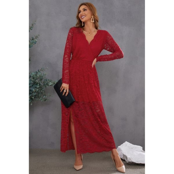 Red Long Sleeve V Neck Lace Maxi Dress with Split