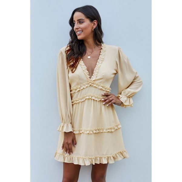 Beige V Neck Ruffle Detailing Open Back Dress