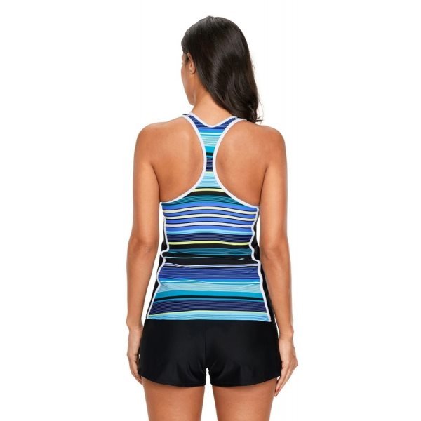 Blue Black Muti Striped Racerback Tankini Top