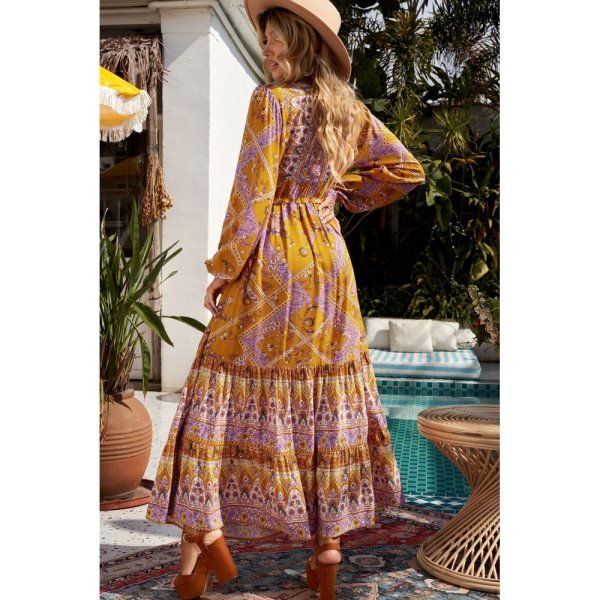 Boho Floral Print Drawstring Ruffled Long Sleeve Maxi Dress