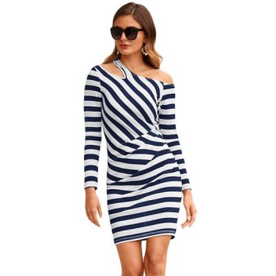 Navy Striped Asymmetric Shoulder Cutout Mini Dress