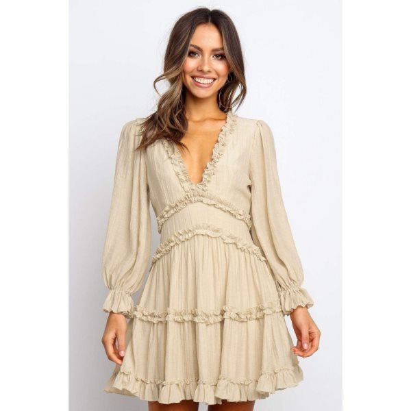 Beige V Neck Ruffle Detailing Open Back Dress