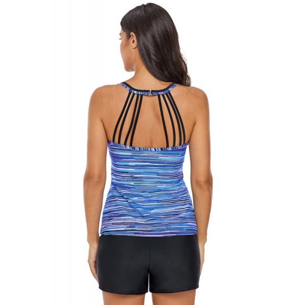 Blue Fuzzy Striped Strappy Back Halter Tankini Top